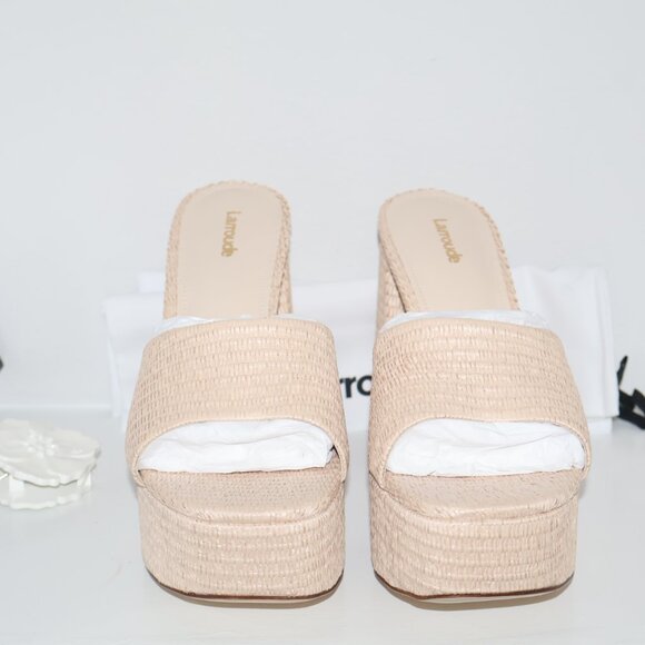 Larroudé Dolly Heeled Mules Made in Brazil Neutral Woven Open Toe Neutral US 10 - Picture 8 of 10